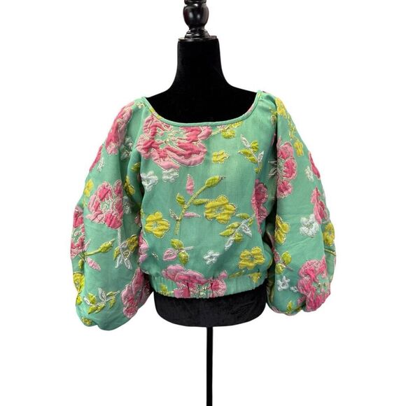 Arianne Elmy Green Good Luck Floral Embroidered Puff Sleeve Top Size S - Picture 6 of 15